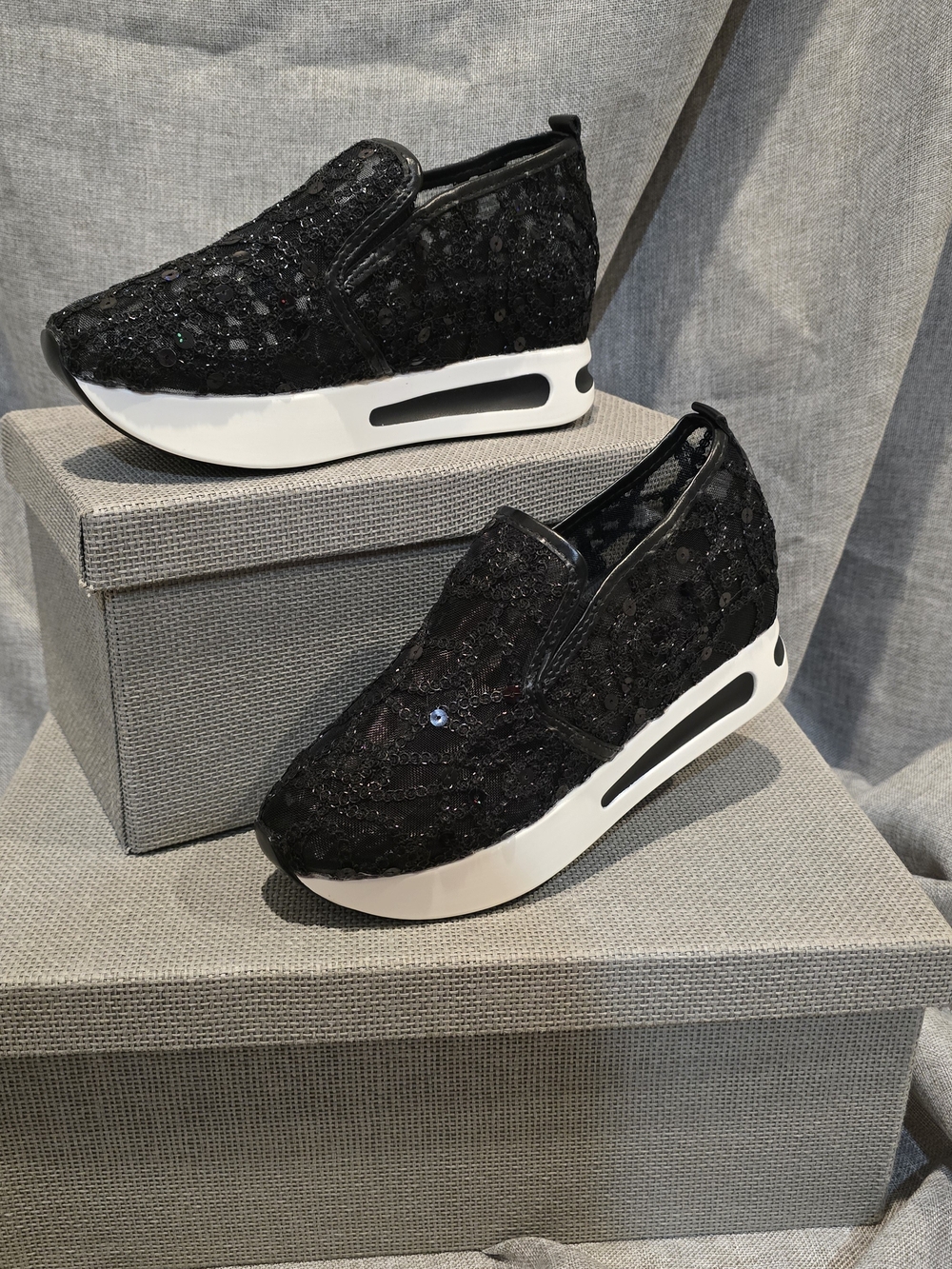 Black Sequin Wedge Slip-On Sneakers - Women